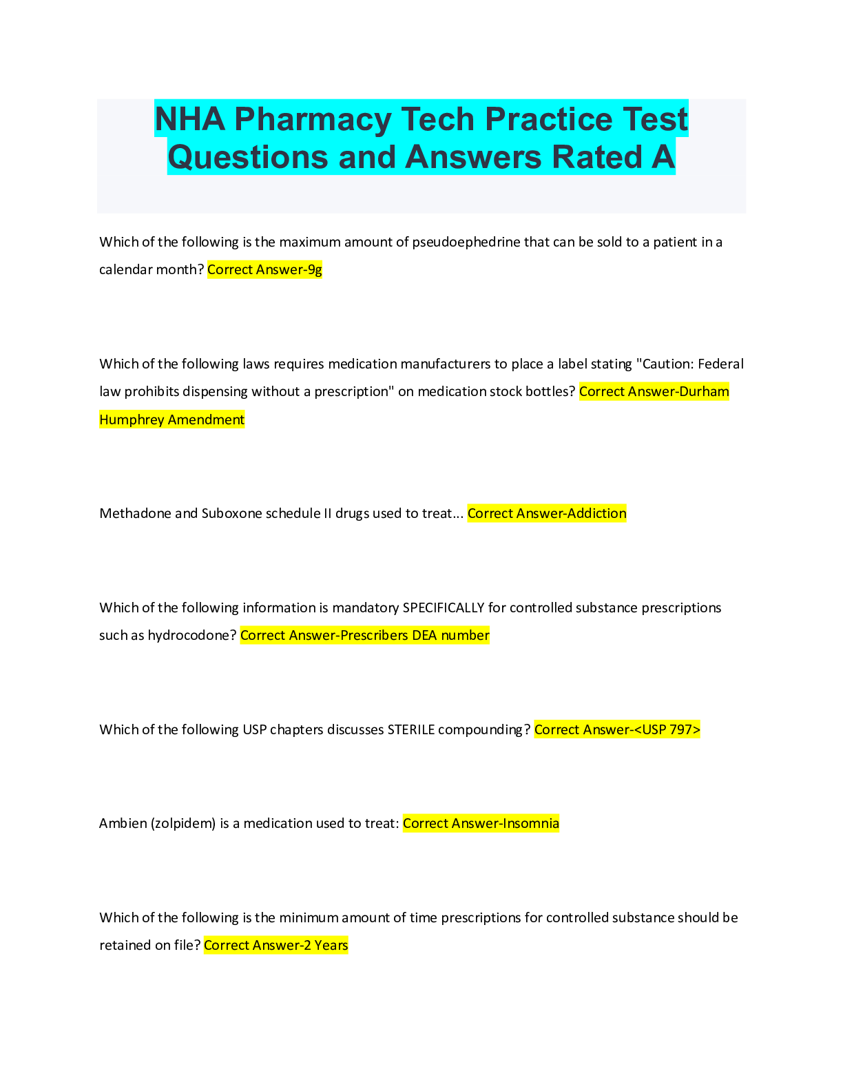 NHA Pharmacy Tech Practice Test Questions and Answers Rated A